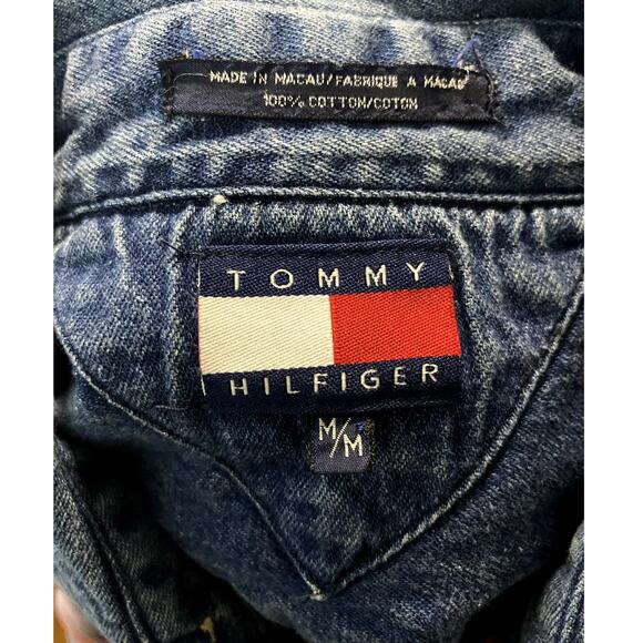 Tommy Hilfiger Vintage Denim Shirt Mens M Blue/Red Checkerboard Crest Preppy Big - Picture 10 of 12